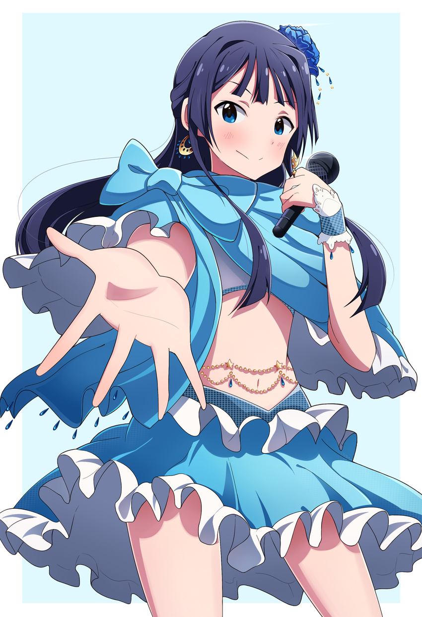 5553pp absurdres bad_id bad_pixiv_id black_hair blue_eyes dress female highres idolmaster idolmaster_million_live! long_hair looking_at_viewer microphone mogami_shizuka outstretched_arm smile solo