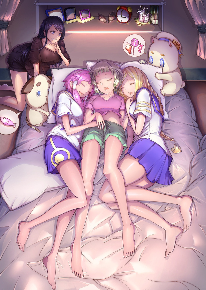 4girls alarm_clock alicia_florence alternate_costume amanchu! aria_(amanchu!) aria_(manga) aria_pokoteng barefoot bedroom blue_skirt breasts character_request clip_studio_paint_(medium) clock closed_eyes commentary_request creator_connection crossover feline full_body girl_sandwich grin highres indoors kneeling kohinata_hikari legs long_hair looking_at_another lying masayoshi medium_breasts mizunashi_akari multiple_girls on_back on_bed ooki_futaba open_mouth photo_(object) pillow sandwiched school_uniform seashell shell skirt sleeping smile spoken_food