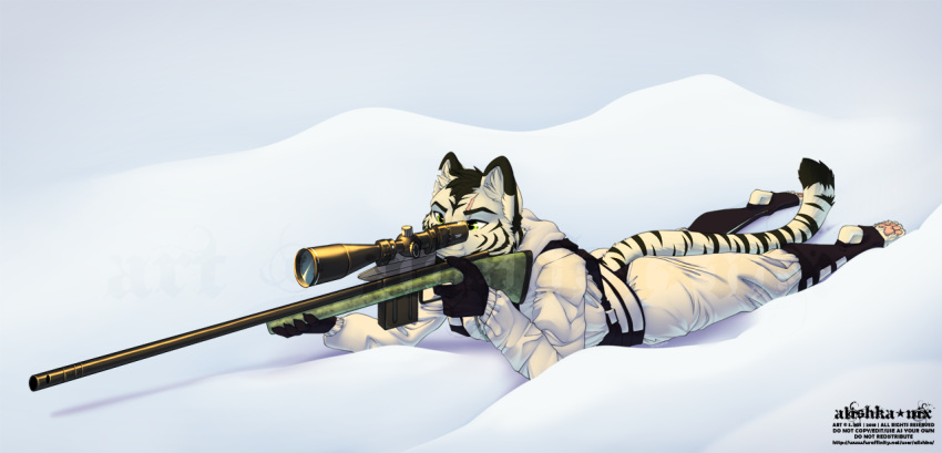 2018 alishka avoid_posting barefoot camo clothed clothing edron_(mr-yiffy) feet felid fur green_eyes gun lying male mammal outside pantherine ranged_weapon rifle scar snow solo stripes tiger watermark weapon