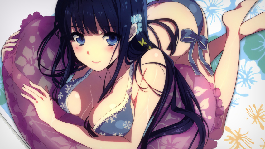 barefoot bikini black_hair blue_eyes blush breasts cleavage female flower hair_flower hair_ornament highres ikawa_waki large_breasts long_hair mahouka_koukou_no_rettousei official_art photoshop_(medium) shiba_miyuki smile solo swimsuit