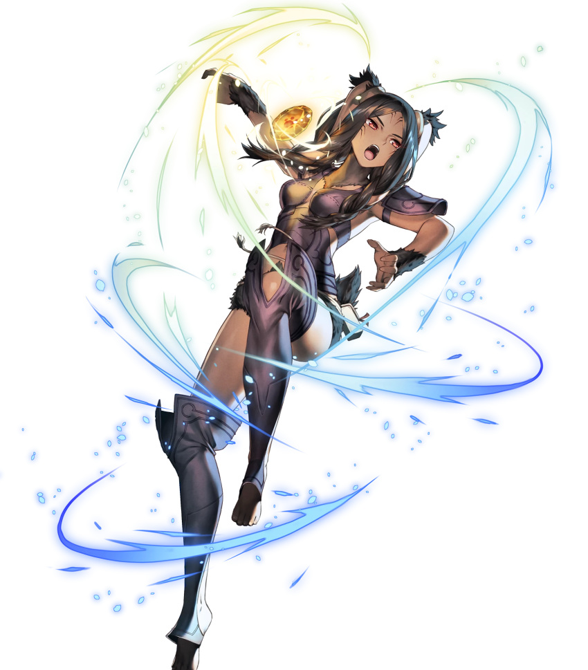 animal_ears armor barefoot braid breasts brown_fur brown_hair chyko dark-skinned_female dark_skin facial_mark female fire_emblem fire_emblem_awakening fire_emblem_heroes floating floating_object full_body glowing hair_around_ear highres leg_up long_hair looking_away medium_breasts official_art open_mouth panne_(fire_emblem) parted_bangs pouch rabbit_ears rabbit_girl rabbit_tail red_eyes shoulder_armor solo stone string_belt taguel tail toeless_legwear toes transparent_background twin_braids twintails