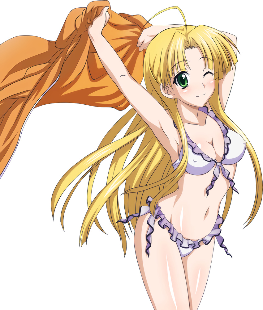 ahoge artist_request asia_argento bikini blonde_hair breasts check_artist cleavage covered_nipples extraction female frilled_bikini frills green_eyes high_school_dxd highres long_hair looking_at_viewer medium_breasts mg_renders navel one_eye_closed solo swimsuit transparent_background white_bikini