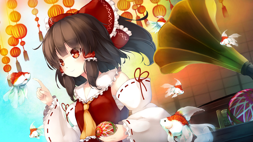 ascot blouse blush bow brown_hair commentary_request detached_sleeves female fish flying gengetsu_chihiro goldfish hairbow hakurei_reimu highres medium_hair photoshop_(medium) ponytail red_bow red_eyes sarashi shirt sidelocks smile solo surreal touhou yellow_ascot