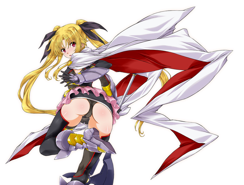 arched_back armored_boots ass bardiche_(bullova_form)_(nanoha) bardiche_(nanoha) belt black_thighhighs blonde_hair blush boots cape commentary_request elbow_gloves fate_testarossa fate_testarossa_(blaze_form_ii) female from_behind gauntlets gloves hair_ribbon highres leotard long_hair looking_at_viewer looking_back lyrical_nanoha magical_girl mahou_shoujo_lyrical_nanoha mahou_shoujo_lyrical_nanoha_reflection photoshop_(medium) red_eyes ribbon shiny_skin simple_background skirt solo thighhighs twintails very_long_hair white_background yatsushima_tetsuya