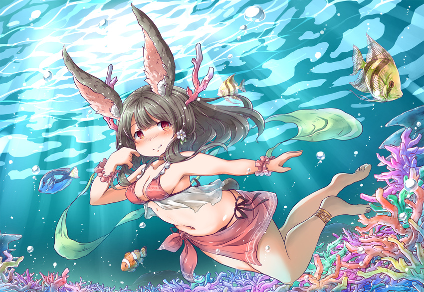 air_bubble animal_ears anklet barefoot blush breath bubble commentary_request coral female fish freediving highres holding_breath jewelry long_hair mochizuki_usagi ocean original rabbit_ears sarong swimming swimsuit underwater