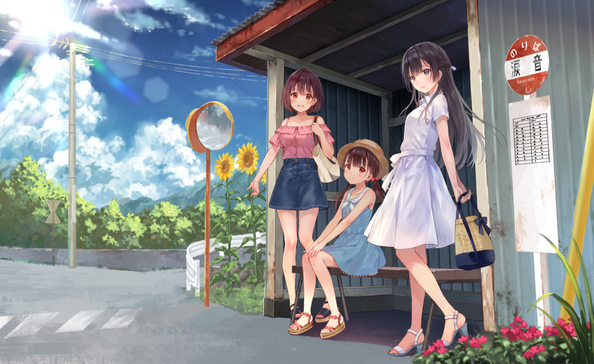 3girls :d bench black_hair blue_skirt brown_footwear brown_hair brown_hat bus_stop cloud collarbone commentary day denim denim_skirt dress english_commentary flower fukahire_(ruinon) half_updo hands_on_own_knees hat holding long_legs looking_at_viewer low_twintails multiple_girls off-shoulder_shirt off_shoulder open_mouth original outdoors pocketbook purple_dress red_flower road_sign sandals shirt short_hair short_sleeves siblings sign sisters sitting skirt sky smile sorai_kanami sorai_mahiru_(fukahire) sorai_yuuka standing sundress sunflower twintails utility_pole white_dress white_footwear