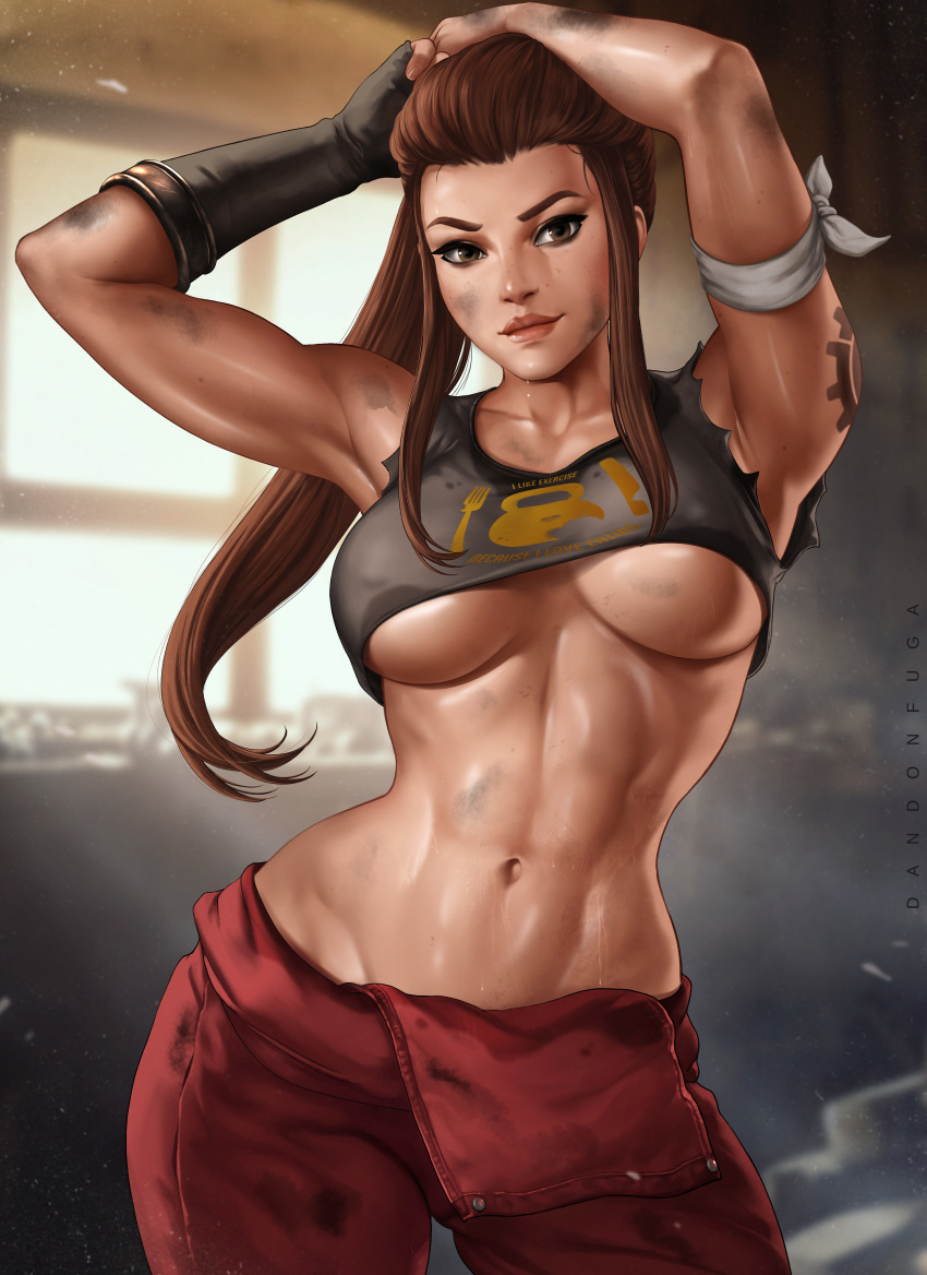 abs absurdres armpits arms_up biceps blurry blurry_background breasts brigitte_(overwatch) brown_eyes brown_hair cleavage closed_mouth collarbone crop_top dandon_fuga dirty female gloves hair_pulled_back highres indoors kettlebell large_breasts lips long_hair looking_at_viewer muscular muscular_female navel overwatch overwatch_1 paid_reward patreon_reward ponytail shiny_skin shoulder_tattoo single_glove smile solo stomach sweat sweatdrop tattoo toned tying_hair underboob window