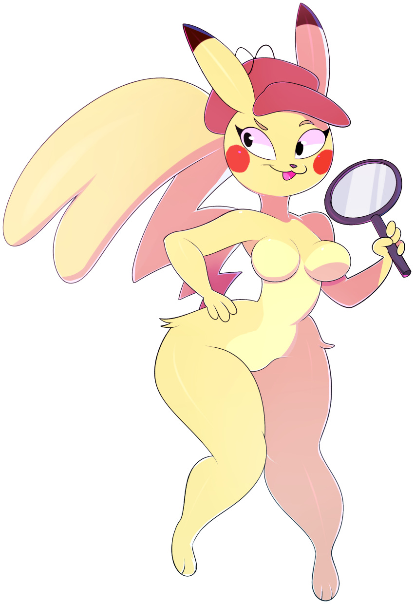 2018 3_toes 4_fingers :3 absurd_res anthro anthrofied biped breasts cleft_tail clothing detective_pikachu digital_media_(artwork) dipstick_ears ear_markings eyelashes featureless_breasts feet female fingers generation_1_pokemon hand_on_hip hat headgear headwear hi_res holding_object magnifying_glass mammal mostly_nude multicolored_ears nintendo norithecat pikachu pokemon pokemon_(species) pokemon_detective_pikachu pokemorph red_cheeks rodent rule_63 simple_background solo standing tail toes white_background wide_hips