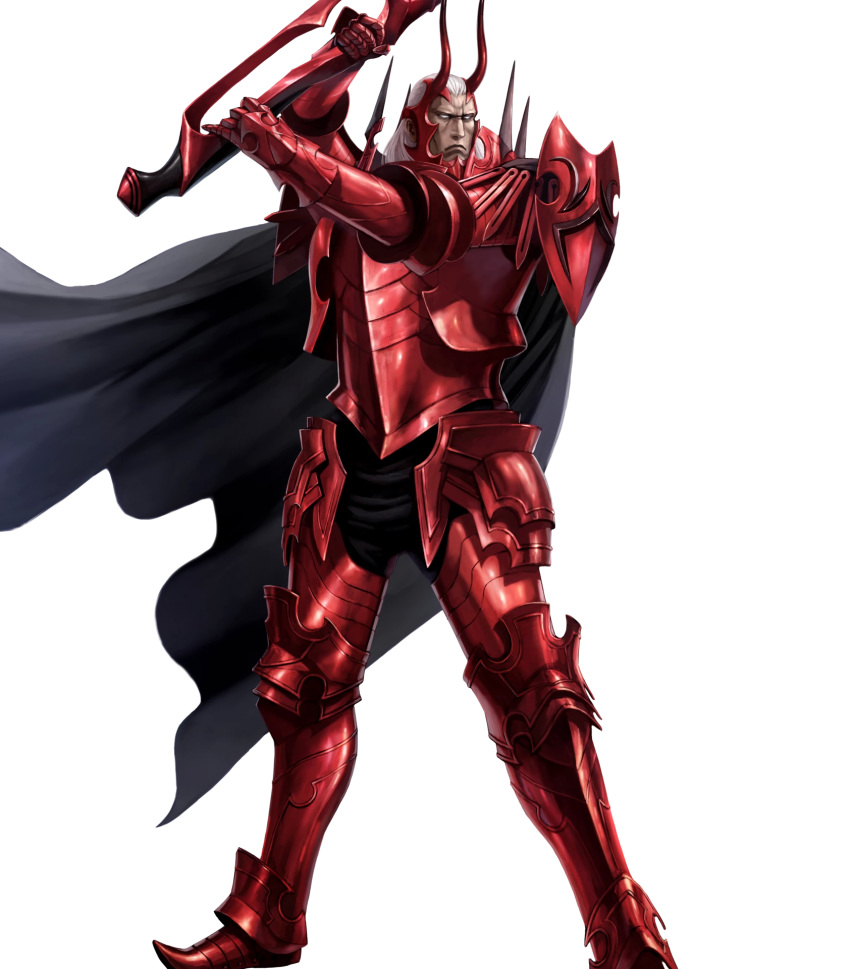 1boy armor axe battle_axe black_cape black_pants cape commentary english_commentary fake_horns fire_emblem fire_emblem_awakening fire_emblem_heroes full_armor full_body gauntlets greaves grey_hair helmet highres holding holding_axe holding_weapon horned_helmet horns lips long_hair looking_at_viewer male_focus manly no_pupils nose official_art pants red_armor scowl serious shoulder_pads soeda_ippei solo transparent_background walhart_(fire_emblem) weapon white_eyes