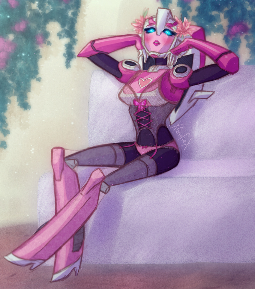 arcee autobot blue_eyes blush corset female hair_flowers high_heels lingerie lipstick mecha_girl no_humans solo thighhighs transformers transformers_animated underwear