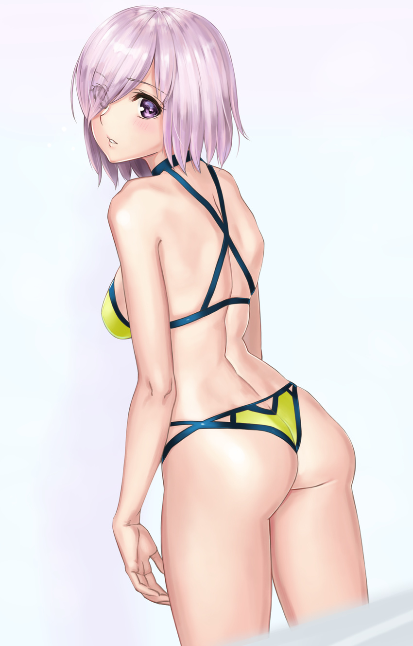 ass bikini blush breasts commentary_request dimples_of_venus dutch_angle eyes_visible_through_hair fate/grand_order fate_(series) female from_behind hair_over_one_eye highres looking_at_viewer looking_back mash_kyrielight mash_kyrielight_(dive_to_blue) medium_breasts official_alternate_costume parted_lips pink_hair purple_eyes shinno short_hair shoulder_blades sideboob simple_background solo swimsuit wading yellow_bikini