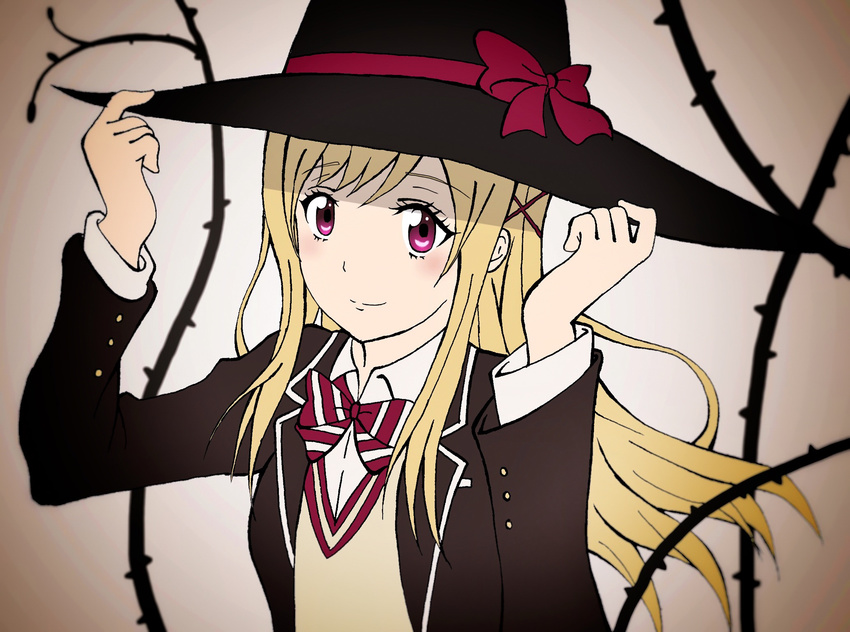 blonde_hair commentary_request female hair_ornament hat highres long_hair purple_eyes shiraishi_urara solo ume-chan_(artist) witch_hat x_hair_ornament yamada-kun_to_7-nin_no_majo