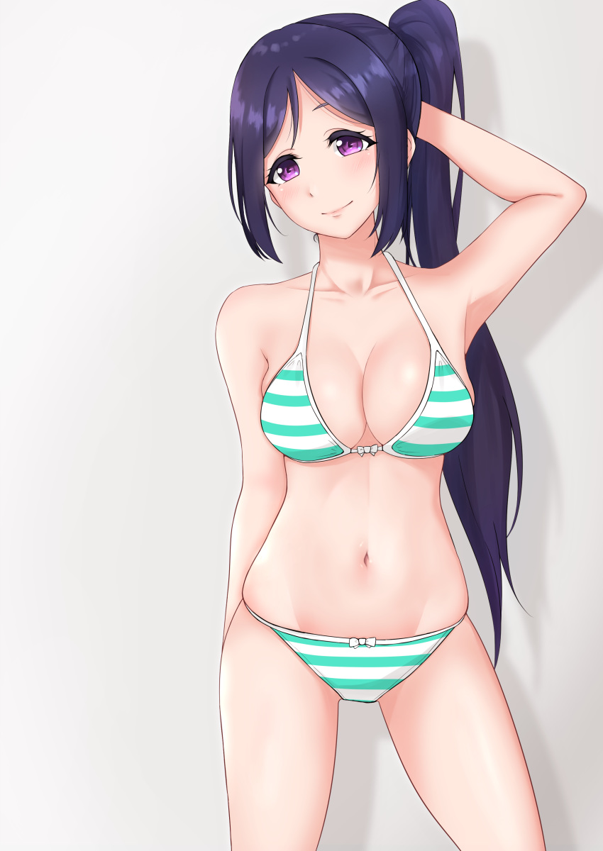 absurdres aqua_stripes arhah bad_id bad_pixiv_id bikini blue_hair breasts cleavage commentary_request cowboy_shot female halterneck highres long_hair love_live! love_live!_sunshine!! matsuura_kanan medium_breasts navel ponytail purple_eyes purple_hair skindentation solo string_bikini striped_bikini striped_clothes swimsuit white_stripes