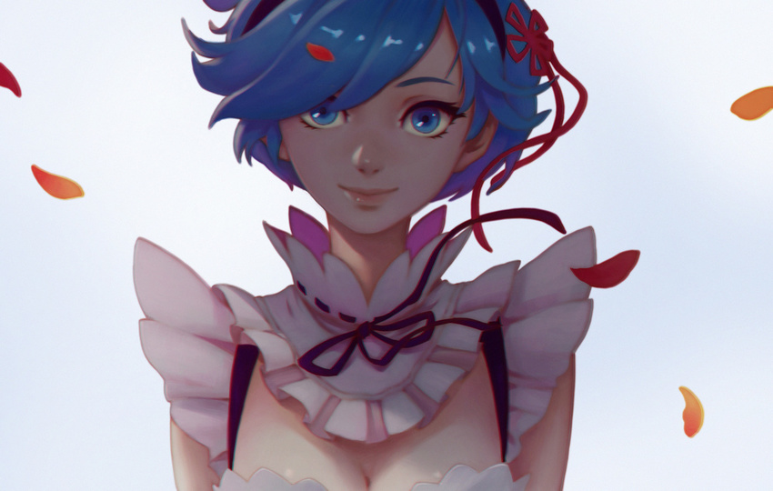 artstation_sample bad_source blue_eyes blue_hair breasts cleavage closed_mouth detached_collar female hair_over_one_eye head_tilt image_sample jey_rain looking_at_viewer maid petals re:zero_kara_hajimeru_isekai_seikatsu rem_(re:zero) ribbon-trimmed_collar ribbon_trim roswaal_mansion_maid_uniform short_hair smile solo swept_bangs upper_body white_background