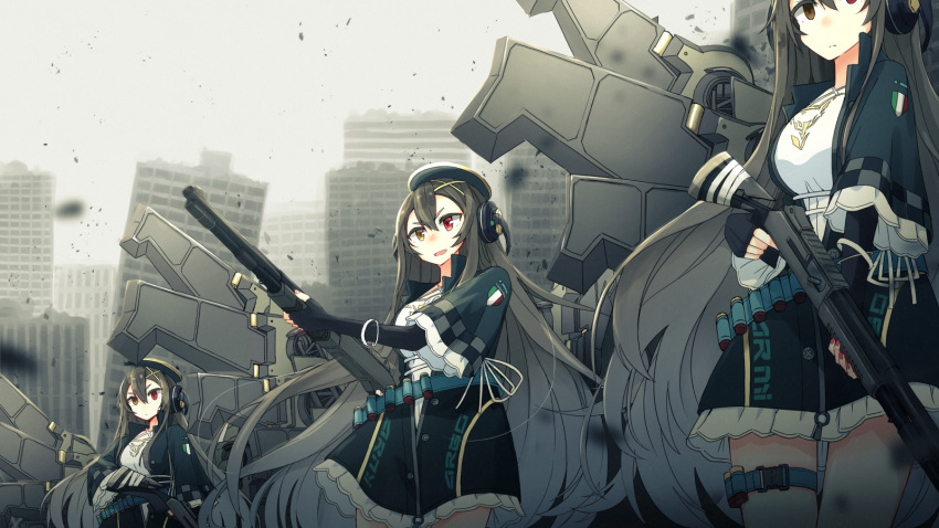 3girls benelli_m4 black_gloves black_jacket brown_eyes brown_hair building cloud cloudy_sky commentary elbow_gloves english_commentary finger_on_trigger fingernails girls'_frontline gloves gun hair_between_eyes hair_ornament heterochromia highres holding holding_gun holding_weapon jacket long_hair m1014_(girls'_frontline) multiple_girls name_connection object_namesake outdoors overcast red_eyes shield shield_module short_sleeves shotgun shotgun_shell sky skyscraper usui_harusame v-shaped_eyebrows very_long_hair weapon wide_sleeves x_hair_ornament