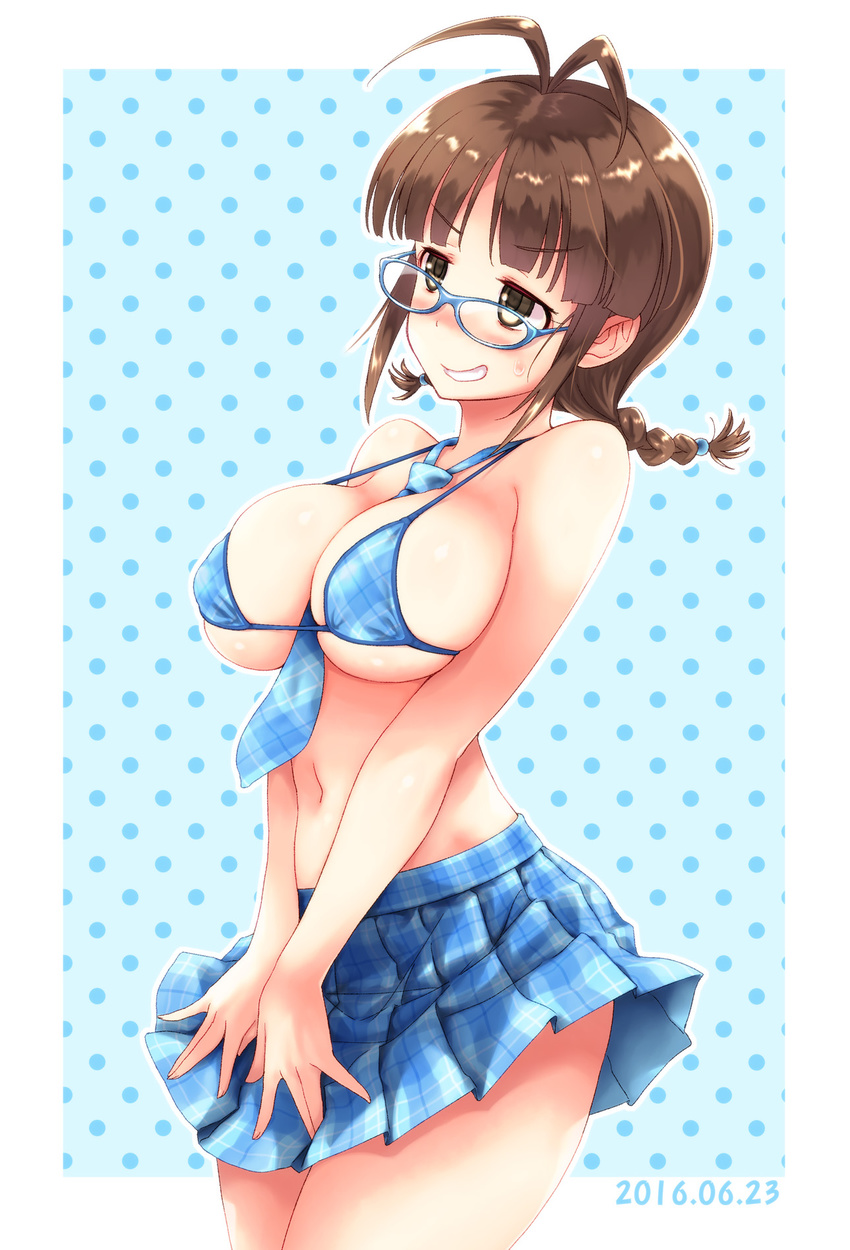 akizuki_ritsuko antenna_hair between_breasts bikini bikini_top_only blue-framed_eyewear braid breasts brown_eyes brown_hair commentary_request dated female fuyube_rion glasses highres idolmaster idolmaster_(classic) large_breasts midriff navel necktie necktie_between_breasts photoshop_(medium) plaid plaid_skirt pleated_skirt polka_dot polka_dot_background skirt solo sweatdrop swimsuit twin_braids v_arms