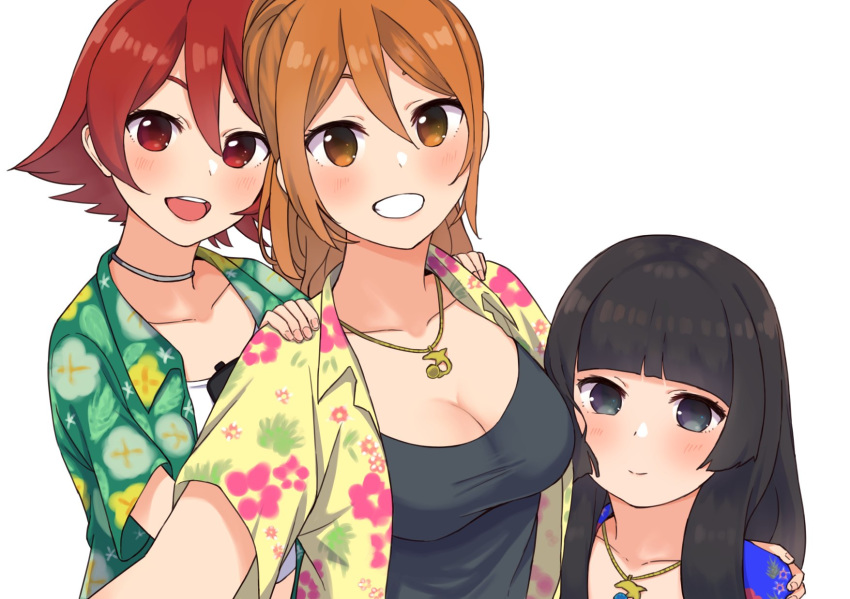 3girls :d bad_id bad_twitter_id black_eyes black_hair blunt_bangs blush breasts brown_eyes cleavage girl_sandwich grin hair_between_eyes hawaiian_shirt highres hime_cut jewelry large_breasts long_hair looking_at_viewer medium_breasts multiple_girls necklace nyatuich open_mouth orange_eyes orange_hair origami_akara origami_hina origami_koori ponytail red_eyes sandwiched school_girl_strikers shirt short_hair siblings simple_background sisters smile white_background yellow_eyes