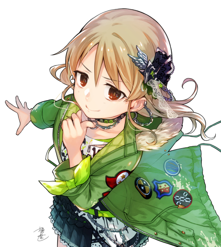 belt black_skirt blonde_hair brown_eyes chains choker commentary_request female frills fur_trim green_jacket hair_ornament highres idolmaster idolmaster_cinderella_girls idolmaster_cinderella_girls_starlight_stage individuals_(idolmaster) jacket medium_hair morikubo_nono okeno_kamoku pleated_skirt skirt smile white_background zipper