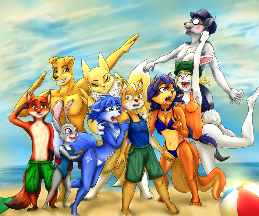 2016 anthro ball bandai_namco beach beach_ball bikini bird_dog blush bottomwear breasts canid canine canis carmelita_fox carrot_(one_piece) cleavage closed_eyes clothed clothing crossover detailed_background digimon digimon_(species) dipstick_tail disney domestic_dog female fox fox_mccloud furgonomics golden_retriever group hand_behind_head hat headgear headwear hunter_(road_rovers) hunting_dog inflatable judy_hopps krystal_(star_fox) lagomorph leporid male mammal markings minkmen_(one_piece) multicolored_tail navel neck_tuft nick_wilde nintendo one_piece open_mouth open_smile outside pool_toy pose procyonid punch rabbit raccoon raised_arm red_fox renamon retriever road_rovers sand seaside shorts size_difference sly_cooper sly_cooper_(series) smile sony_corporation sony_interactive_entertainment sonyasha star_fox sucker_punch_productions swimwear tail tail_markings tripping true_fox tuft unconscious warner_brothers zootopia