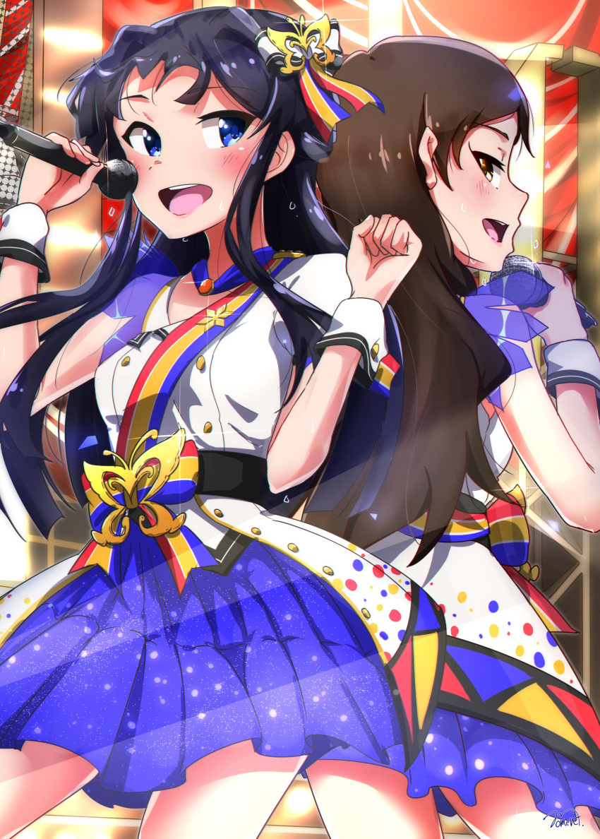 2girls absurdres blue_eyes blue_hair brown_eyes brown_hair commentary_request highres idolmaster idolmaster_million_live! kitazawa_shiho long_hair microphone mogami_shizuka moment_(moment_607) multiple_girls music nouvelle_tricolor_(idolmaster) singing skirt stage stage_lights