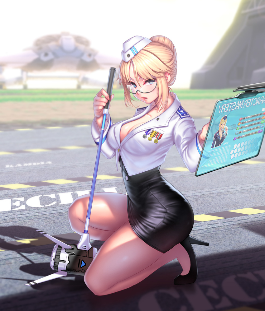 aircraft airplane artist_name blonde_hair blue_eyes blurry blurry_background breasts cecilia_(pangya) cleavage depth_of_field female garrison_cap glasses golf_club hat high_heels highres holographic_touchscreen kamdia large_breasts legs long_sleeves looking_at_viewer medal no_socks on_one_knee pangya parted_lips pencil_skirt photoshop_(medium) semi-rimless_eyewear shirt shoes silhouette skirt solo thighs under-rim_eyewear