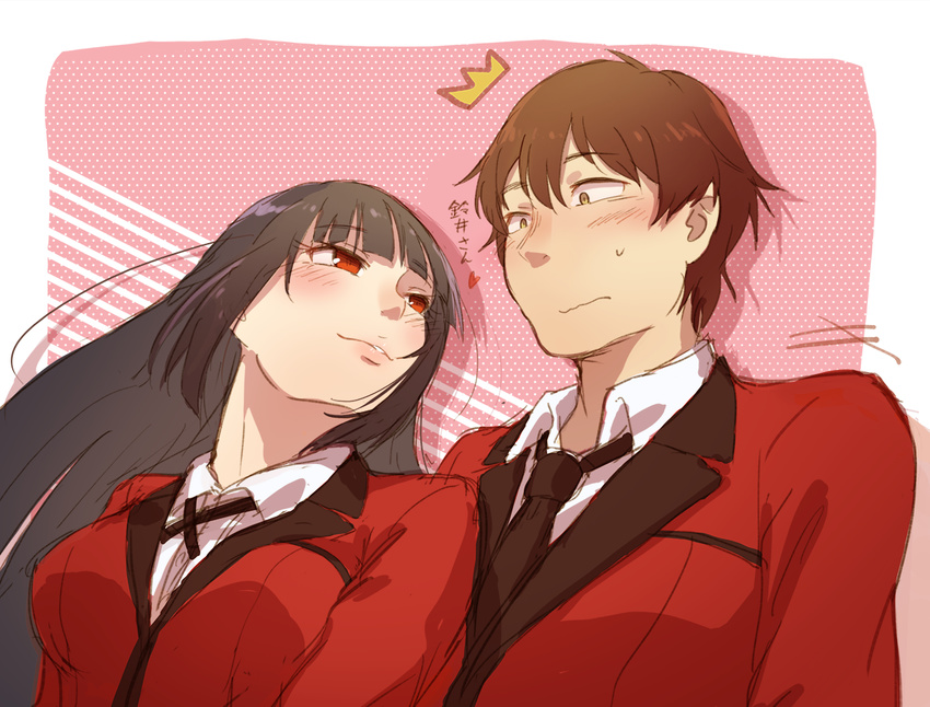 1boy black_hair blush brown_hair commentary_request female formal heart hyakkaou_academy_school_uniform jabami_yumeko kakegurui leaning_on_person long_hair loose_necktie necktie red_eyes red_suit school_uniform smile straight suit surprised suzui_ryouta translated uji_matcha