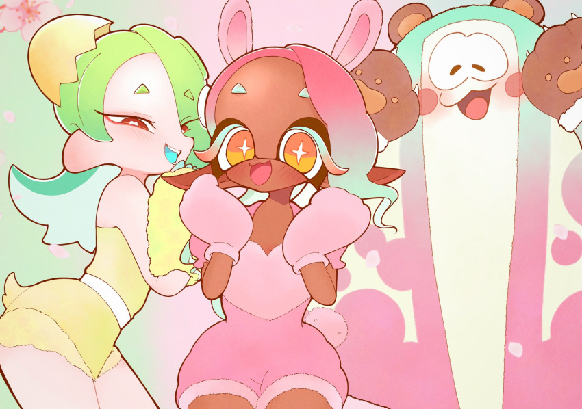 1boy 2024 2girls :3 bear_ears big_man_(splatoon) black_mask blush breasts bunny_ears bunny_girl bunny_tail chick costume dark-skinned_female dark_skin digital_media_(artwork) egg egg_on_head female frye_(splatoon) frye_onaga gloves hair hi_res light-skinned_female light_blue_eyebrows light_blue_hair light_green_hair light_skin looking_at_viewer looking_back male marine marine_humanoid mollusk mollusk_humanoid multicolored_body multicolored_hair nintendo octoling open_mouth open_smile pink_clothing pink_hair pointy_eared_humanoid pointy_ears red_eyes red_pupils shiver_(splatoon) shiver_hohojiro splatfest splatoon splatoon_(series) splatoon_3 springfest_outfit stingray yellow_clothing yellow_eyes yellow_pupils