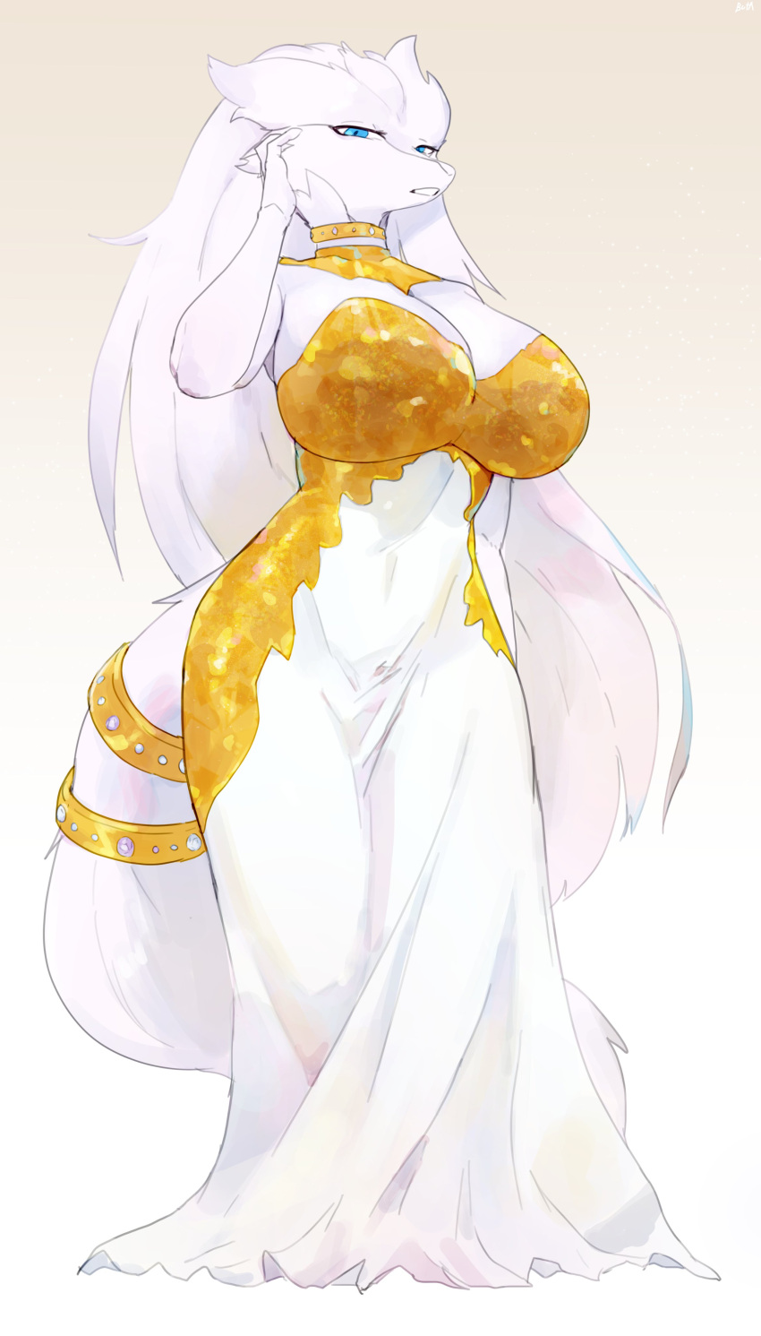 1girls absurd_res anthro big_breasts biped blue_eyes buta99 cleavage clothed clothing commission dragon dragoness dress female female_dragon female_only female_pokemon full_body fur generation_5_pokemon legendary_pokemon long_dress long_hair looking_at_viewer narrowed_eyes nintendo pokemon pokemon_(species) reshiram solo white_body white_dress white_fur white_hair