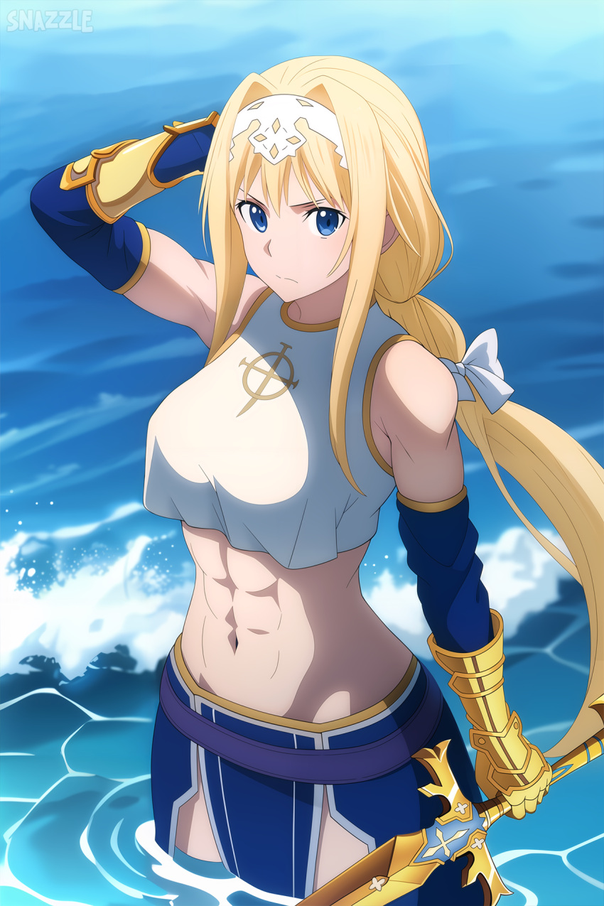 1girls abs ai_generated alice_schuberg alice_synthesis_thirty arm_up bare_shoulders belt blonde_hair blue_eyes bow braid braided_ponytail breasts closed_mouth collarbone floating_hair from_above gauntlets hairband hairbow holding holding_sword long_hair looking_at_viewer midriff muscular navel outdoors partially_submerged sidelocks single_braid snazzdaz snazzle solo solo_focus stable_diffusion standing sword sword_art_online sword_art_online:_alicization sword_art_online_alicization toned very_long_hair water watermark waves white_hairband