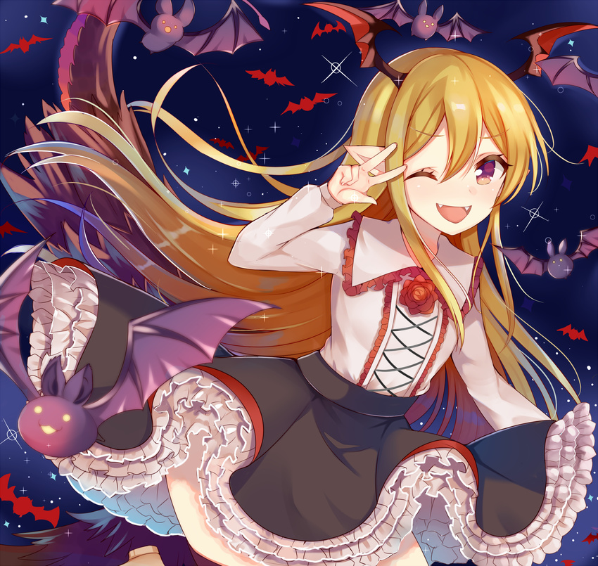 ;d alternate_eye_color animal aozora_nan bat_(animal) bat_wings black_skirt black_thighhighs blonde_hair blush collared_shirt commentary_request demon_tail fangs female flower frilled_shirt_collar frilled_skirt frills granblue_fantasy hair_between_eyes head_wings highres long_hair long_sleeves night night_sky one_eye_closed open_mouth pointy_ears purple_eyes red_flower red_rose rose shingeki_no_bahamut shirt skirt sky smile solo sparkle star_(sky) tail thighhighs v vampire vampy very_long_hair white_shirt wings