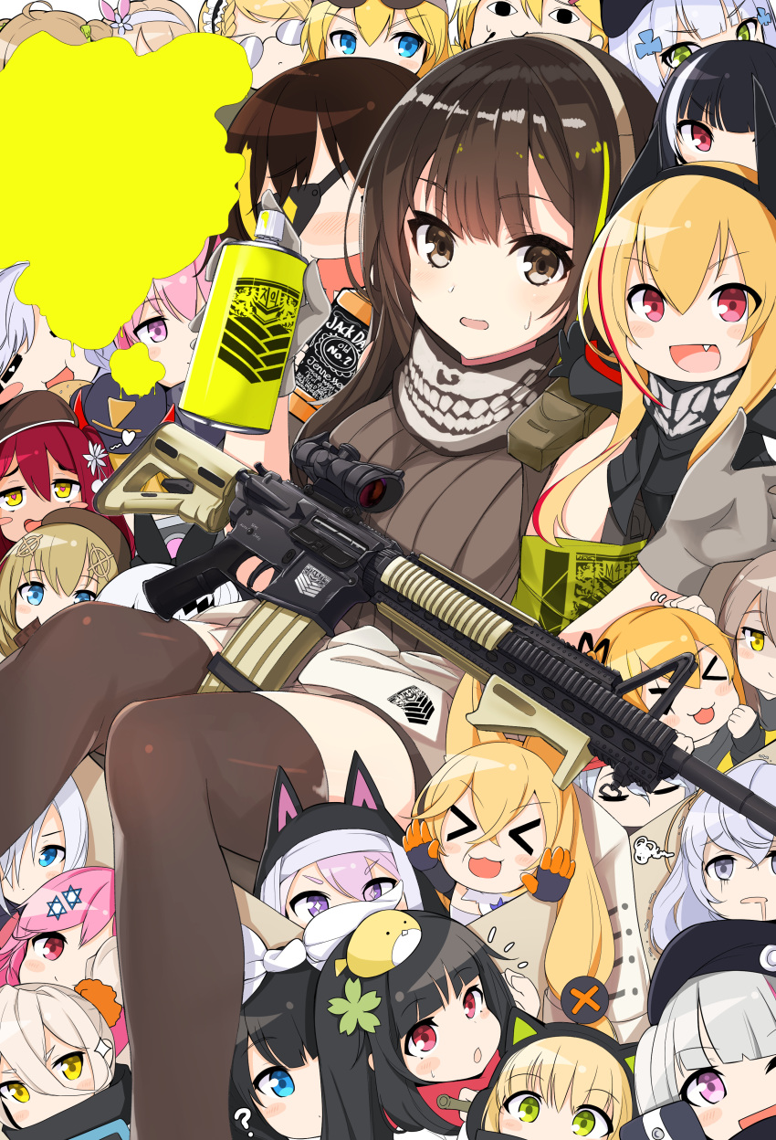 >_< 6+girls :d absurdres alcohol animal_ears assault_rifle bad_id bad_pixiv_id bandana bare_shoulders black_hair blonde_hair blue_eyes blush braid braided_ponytail brown_eyes brown_hair cellphone closed_eyes dinergate_(girls'_frontline) eyepatch eyewear_on_head five-seven_(girls'_frontline) fnc_(girls'_frontline) g11_(girls'_frontline) g36_(girls'_frontline) g41_(girls'_frontline) girls'_frontline gloves green_eyes grey_hair griffin_&_kryuger gun hair_between_eyes hair_ornament hat highres hk416_(girls'_frontline) howa_type_64_(girls'_frontline) idw_(girls'_frontline) j_young jack_daniel's long_hair looking_at_viewer m16a1_(girls'_frontline) m4_carbine m4_sopmod_ii_(girls'_frontline) m4a1_(girls'_frontline) m500_(girls'_frontline) m870_(girls'_frontline) magazine_(weapon) maid_headdress mask mdr_(girls'_frontline) mg5_(girls'_frontline) multicolored_hair multiple_girls negev_(girls'_frontline) non-humanoid_robot one_eye_closed open_mouth p7_(girls'_frontline) phone pink_eyes pink_hair pkp_(girls'_frontline) purple_eyes purple_hair red_eyes red_hair rfb_(girls'_frontline) ribeyrolles_(girls'_frontline) rifle ro635_(girls'_frontline) robot saiga-12_(girls'_frontline) sangvis_ferri skull_mask smile spas-12_(girls'_frontline) spray_can st_ar-15_(girls'_frontline) streaked_hair sunglasses suomi_(girls'_frontline) sweater thighhighs tmp_(girls'_frontline) type_100_(girls'_frontline) ump45_(girls'_frontline) ump9_(girls'_frontline) weapon white_hair xd yellow_eyes