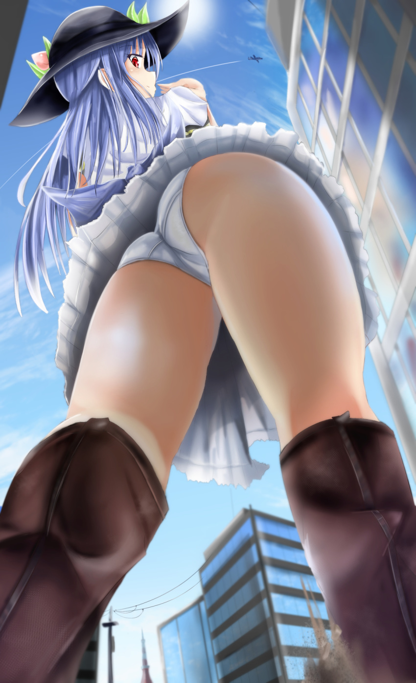 aircraft airplane alicemagic ass bare_legs blue_hair blue_sky boots brown_footwear building city commentary_request day female from_behind from_below giant giantess hand_to_own_mouth hat highres hinanawi_tenshi knee_boots long_hair looking_at_viewer looking_back looking_down outdoors panties red_eyes skirt sky skyscraper smile touhou underwear upskirt utility_pole