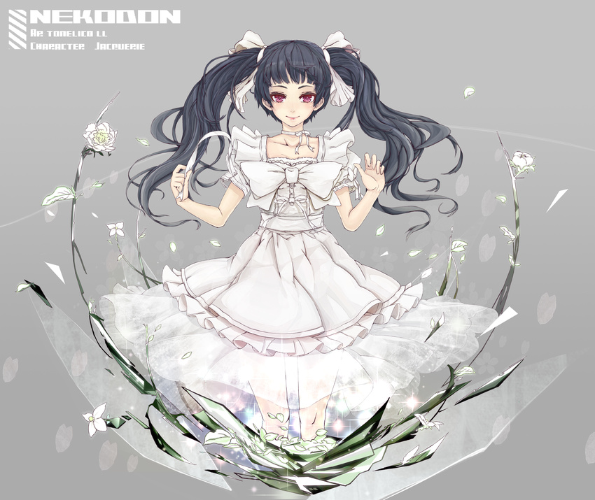 abstract absurdres ar_tonelico ar_tonelico_ii bad_id bad_pixiv_id black_hair blunt_bangs bow breasts collarbone dress female flower frilled_dress frilled_sleeves frills grey_background hair_ornament hairbow highres jakuri_(ar_tonelico) long_hair neck_ribbon petite photoshop_(medium) purple_eyes ribbon rose see-through skinny small_breasts smile solo sparkle square_neckline thigh_gap twintails wavy_hair white_dress white_flower white_rose yozekura