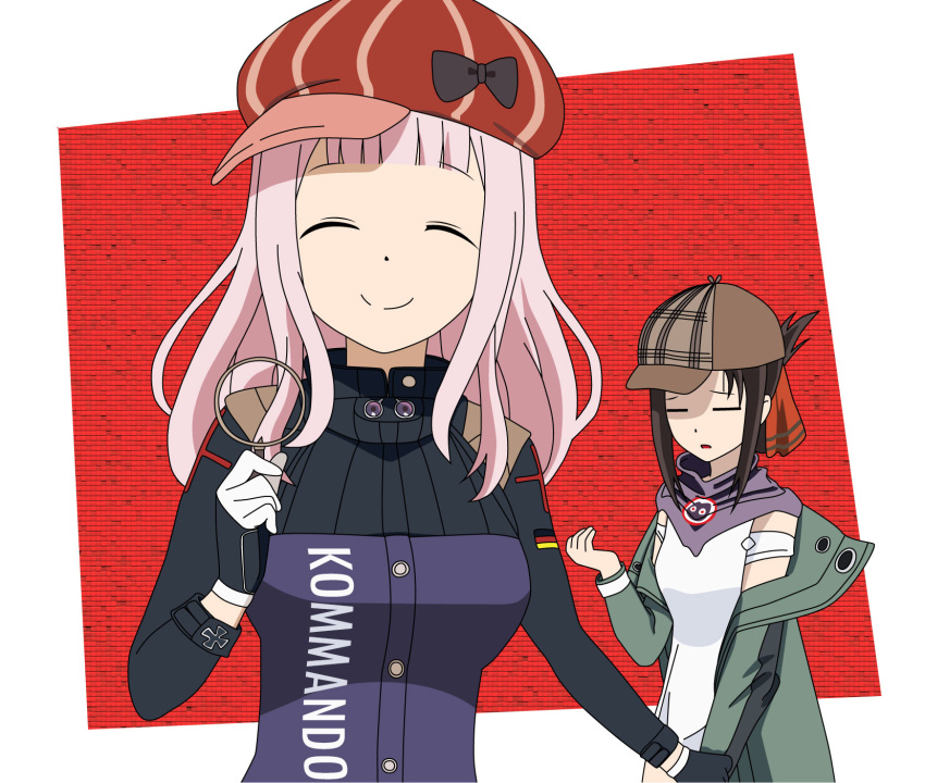 2girls bandana black_hair closed_eyes commentary_request cosplay crossover darksteno deerstalker fujiwara_chika g11_(girls'_frontline) g11_(girls'_frontline)_(cosplay) german_flag girls'_frontline gloves hair_ribbon hand_grab hat highres hk416_(girls'_frontline) hk416_(girls'_frontline)_(cosplay) jacket kaguya-sama_wa_kokurasetai_~tensai-tachi_no_renai_zunousen~ long_sleeves magnifying_glass medium_hair multiple_girls pink_hair ribbon shaded_face shinomiya_kaguya short_hair smile