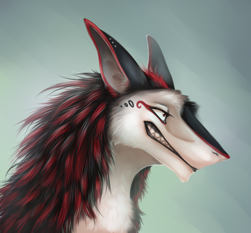 akineza black_body black_fur black_hair black_lips ear_piercing feral fur hair heni_(character) lips piercing red_eyes red_hair sergal simple_background smile smirk solo teeth white_body white_fur