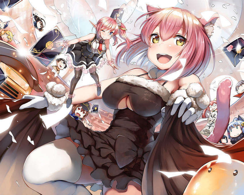 :d ;) ^_^ animal_ears bangs black_dress black_hair blonde_hair blue_eyes blue_hair blush breasts brown_hair cat_ears cat_tail character_request closed_eyes closed_mouth clulu_aluminal commentary_request dress dutch_angle envelope eyebrows_visible_through_hair garter_straps glasses glint hat highres jitome kanpani_girls large_breasts lolicept looking_at_viewer luca_(kanpani_girls) multiple_girls one_eye_closed open_mouth pink_hair pointy_ears police_hat ponytail short_hair slime slit_pupils smile tail teeth thighhighs thighs underboob underboob_cutout white_legwear wings yellow_eyes