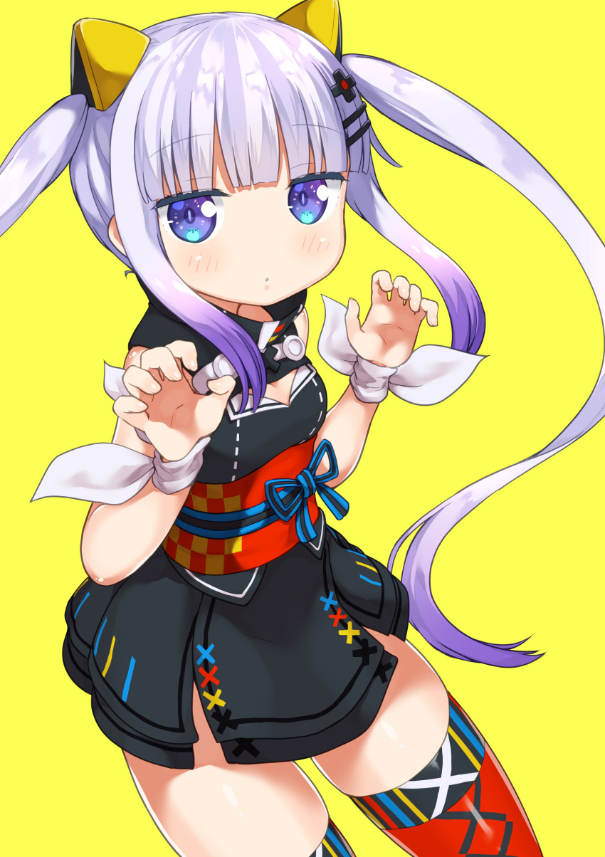 absurdres blush claw_pose cleavage_cutout clothing_cutout commentary cosplay d-pad d-pad_hair_ornament female hair_ornament hairclip highres japanese_clothes kaguya_luna kaguya_luna_(cosplay) kanna_kamui kobayashi-san_chi_no_maidragon light_purple_hair long_hair looking_at_viewer miyabi_(miyabeeya) multicolored_clothes multicolored_legwear obi purple_eyes ribbon sash simple_background skindentation sleeveless solo the_moon_studio thighhighs twintails virtual_youtuber white_ribbon wrist_ribbon yellow_background