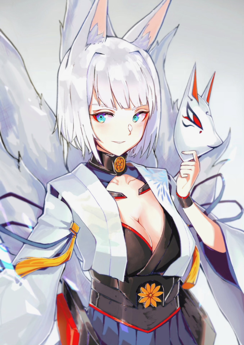 animal_ear_fluff animal_ears azur_lane blue_eyes blue_ribbon blue_skirt blunt_bangs blurry breasts cleavage cleavage_cutout clothing_cutout collar collarbone commentary cowboy_shot depth_of_field eyeliner eyeshadow female fox_ears fox_girl fox_mask fox_tail grey_background hakama hakama_short_skirt hakama_skirt hand_up highres holding holding_mask japanese_clothes kaga_(azur_lane) kimono kitsune large_breasts light_smile long_sleeves looking_to_the_side makeup mask multiple_tails outstretched_hand parted_lips ribbon ribbon_trim septoleaf short_hair simple_background skirt solo tail tassel underbust unworn_mask white_hair white_kimono wide_sleeves wristband