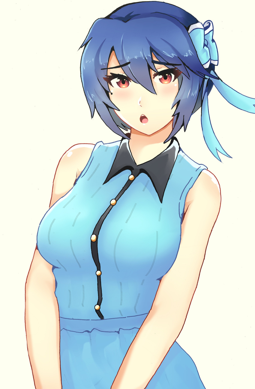 absurdres blue_hair blush bow breasts commentary_request female hair_ribbon hairbow highres large_breasts looking_at_viewer mole mole_under_eye nisekoi open_mouth photoshop_(medium) red_eyes ribbon self-upload shirt short_hair skandha solo tsugumi_seishirou