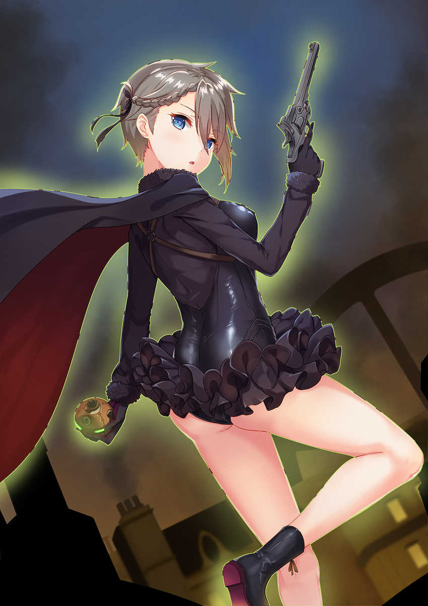 ange_(princess_principal) ass black_cape black_footwear black_gloves blue_eyes boots braid breasts brown_hair cape cavorite_ball cloud commentary dutch_angle female from_side fur_collar gloves gun hair_between_eyes handgun highres holding holding_gun holding_weapon house ldfe_mk2 long_sleeves looking_at_viewer medium_breasts night outdoors parted_lips photoshop_(medium) princess_principal revolver sky smoke solo symbol-only_commentary trigger_discipline weapon webley-fosbery_automatic_revolver