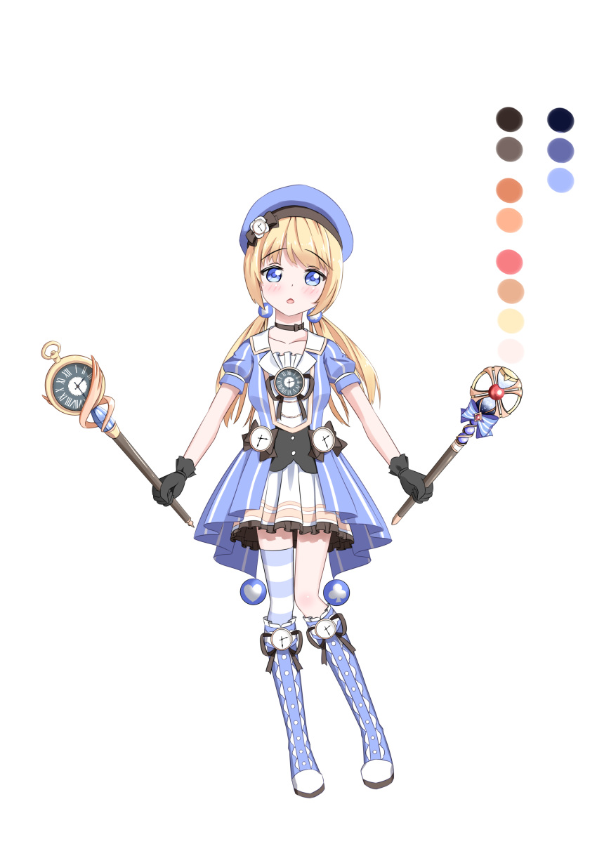 absurdres asymmetrical_legwear beret blonde_hair blue_footwear boots clock commentary_request female full_body hat highres knee_boots knees_together_feet_apart magical_girl mao_xin'ai mismatched_legwear original scepter solo standing thigh_boots thighhighs twintails white_background