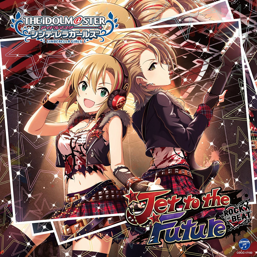 2girls album_cover black_gloves black_jacket black_legwear blonde_hair breasts brown_hair collarbone copyright_name cover earrings fingerless_gloves gloves green_eyes groin headphones highres holding holding_instrument idolmaster idolmaster_cinderella_girls instrument jacket jewelry kimura_natsuki kurogoma long_sleeves looking_at_viewer medium_breasts midriff miniskirt multiple_girls nail_polish navel official_art plaid plaid_skirt pleated_skirt profile red_nails short_hair skirt standing stomach tada_riina thighhighs zettai_ryouiki