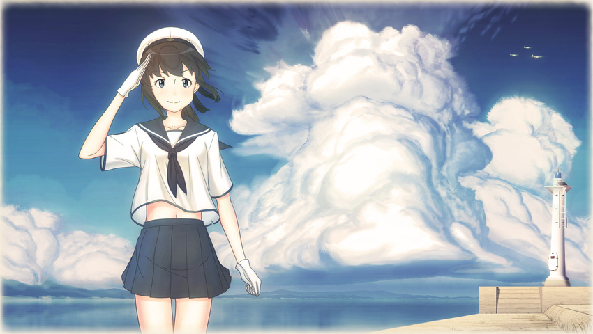 a6m_zero absurdres aircraft airplane arm_up beret blouse cloud cloudy_sky coat commentary_request cowboy_shot day female fubuki_(kancolle) gloves hat highres horizon kantai_collection key_kun lighthouse looking_at_viewer navel neckerchief outdoors pleated_skirt sailor_collar salute school_uniform serafuku shirt shore short_hair short_sleeves skirt sky smile solo standing thigh_gap water white_gloves white_shirt