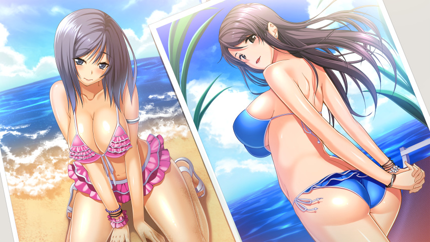 2girls ass beach bikini black_eyes black_hair breasts brown_eyes cleavage game_cg long_hair shimai_to_nau short_hair swimsuit takanashi-a waffle warabino_matsuri