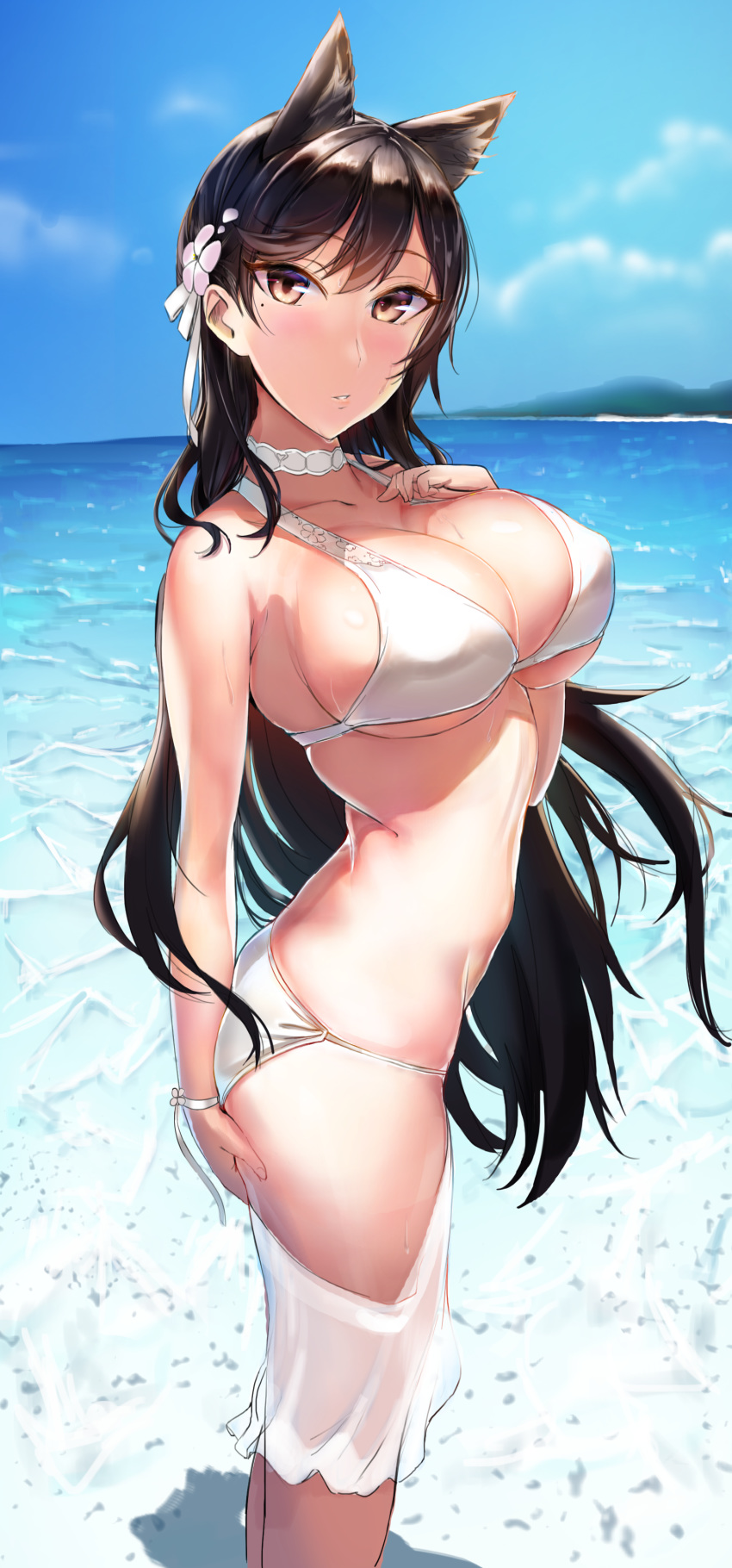 absurdres animal_ears arm_support ass atago_(azur_lane) atago_(summer_march)_(azur_lane) azur_lane bare_shoulders beach bikini bikini_tug black_hair blue_sky blush bow breasts brown_eyes cleavage closed_mouth cloud coda_(simon1995) collarbone commentary day extra_ears female flower groin hair_flower hair_ornament hairbow hand_on_own_ass highres jewelry large_breasts long_hair looking_at_viewer mole mole_under_eye navel ocean official_alternate_costume outdoors parted_lips ponytail ribbon sand sarong see-through sidelocks skindentation sky smile solo stomach swimsuit thighs very_long_hair white_bikini white_bow white_sarong wrist_ribbon