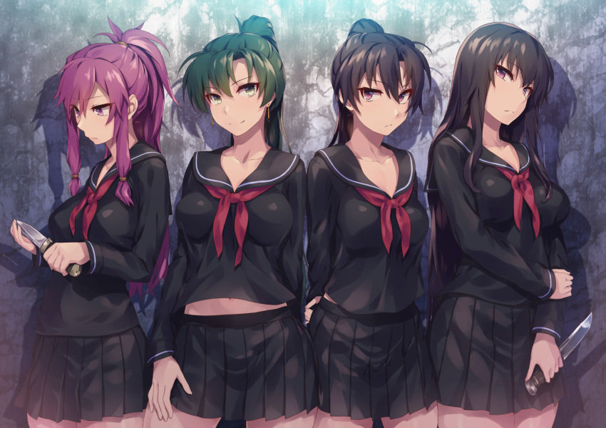 4girls arms_behind_back black_hair black_serafuku breasts commentary_request contemporary fir_(fire_emblem) fire_emblem fire_emblem:_the_binding_blade fire_emblem:_the_blazing_blade fire_emblem:_the_sacred_stones green_eyes green_hair holding holding_knife karla_(fire_emblem) knife long_hair looking_at_viewer lyn_(fire_emblem) marisa_(fire_emblem) multiple_girls neckerchief pleated_skirt ponytail purple_eyes purple_hair red_neckerchief sajittari school_uniform serafuku skirt smile