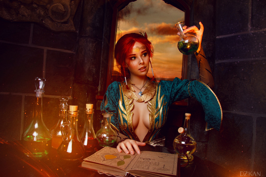 book breasts circlet cleavage cloud cosplay costume dress female flask freckles helly_von_valentine_(disharmonica) indoors jewelry long_hair makeup medium_breasts necklace no_bra parted_lips pendant photo red_hair robe side_braids sitting sky solo table the_witcher triss_merigold upper_body window