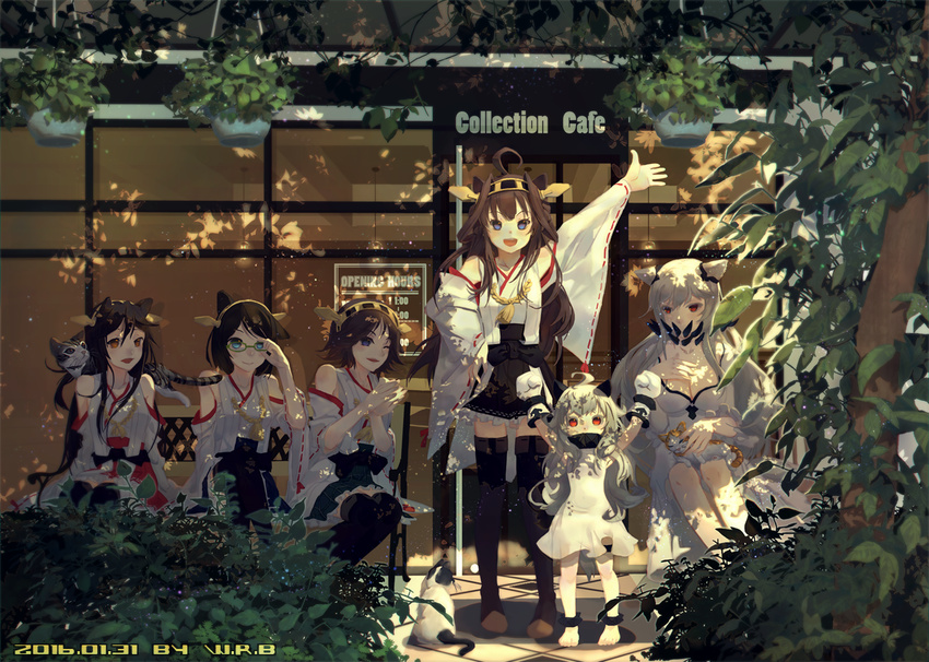 6+girls :d ahoge animal animal_on_shoulder aqua_eyes arms_up artist_name bangs barefoot bench black_hair black_legwear black_skirt blue_eyes blue_skirt boots breast_suppress breasts brown_eyes brown_hair bush cat_on_lap cat_on_shoulder cleavage clenched_hands closed_mouth commentary_request dated detached_sleeves dress english feline glasses gloves green-framed_eyewear grey_hair hairband hand_on_hip haruna_(kantai_collection) hiei_(kantai_collection) kantai_collection kirishima_(kantai_collection) kongou_(kantai_collection) long_hair long_sleeves looking_at_another looking_at_viewer medium_breasts midway_hime multiple_girls no_legwear nontraditional_miko northern_ocean_hime number one_eye_closed open_mouth orange_eyes outdoors parted_lips plant pleated_skirt potted_plant ribbon-trimmed_sleeves ribbon_trim semi-rimless_eyewear shinkaisei-kan sitting skirt sleeveless sleeveless_dress smile standing storefront swept_bangs thigh_boots thighhighs under-rim_eyewear v-shaped_eyebrows very_long_hair w.r.b white_dress white_gloves white_skin