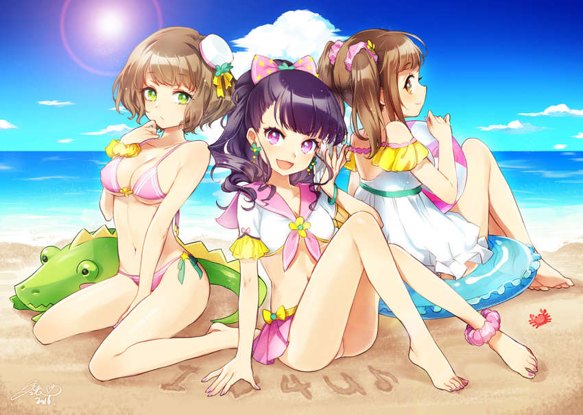 3girls :/ :d ankle_scrunchie arm_support ball barefoot beach beachball between_legs bikini blush bow breasts brown_eyes brown_hair cleavage closed_mouth cloud collarbone commentary_request crab crop_top day earrings eighth_note green_eyes hair_ornament hair_scrunchie hairbow hand_between_legs hat head_tilt heart highres inflatable_crocodile innertube jewelry kujou_ume lens_flare medium_breasts mini_hat multiple_girls musical_note navel open_mouth outdoors photoshop_(medium) pink_bikini pink_bow pink_eyes plaid plaid_scrunchie ponytail profile purple_hair reika_(clovia_studio) saeki_hina sailor_collar sand_writing scrunchie sitting sky smile star_(symbol) star_print sun swim_ring swimsuit tokyo_7th_sisters twintails wanibuchi_emoko wariza water wrist_scrunchie