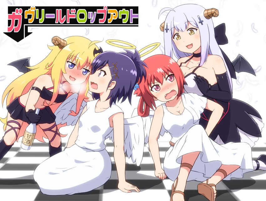 4girls :3 :d ahoge amazake_(drink) angel angel_and_devil angel_wings bare_shoulders bat_hair_ornament black_bow black_choker black_dress black_footwear black_gloves black_skirt black_wings blonde_hair blue_eyes blush boots bottle bow breasts breasts_squeezed_together breath brown_eyes brown_footwear checkered_floor choker cleavage collarbone commentary_request copyright_name cosplay costume_switch cross cross_hair_ornament curled_horns demon_girl demon_horns demon_wings dress drunk elbow_gloves eye_contact feathered_wings feathers gabriel_dropout gabriel_tenma_white gabriel_tenma_white_(cosplay) gloves grey_hair hair_between_eyes hair_ornament hair_rings hairbow hairclip hallelujah_essaim halo heavy_breathing highres horns inverted_cross irony knee_boots kneeling large_breasts latin_cross leaning_forward leaning_to_the_side long_hair looking_at_another medium_breasts multiple_girls nose_blush o-ring o-ring_top oerba_yun_fang open_mouth pantyhose pleated_skirt profile purple_eyes purple_hair raphiel_shiraha_ainsworth raphiel_shiraha_ainsworth_(cosplay) red_eyes red_hair role_reversal sake_bottle sandals satanichia_kurumizawa_mcdowell satanichia_kurumizawa_mcdowell_(cosplay) shirosato shoe_soles shoes sidelocks sitting skirt sleeveless sleeveless_dress small_breasts smile socks standing traditional_halo translation_request very_long_hair vignette_tsukinose_april vignette_tsukinose_april_(cosplay) wavy_mouth white_background white_dress white_feathers white_socks white_wings wings x_hair_ornament you_gonna_get_raped yuri